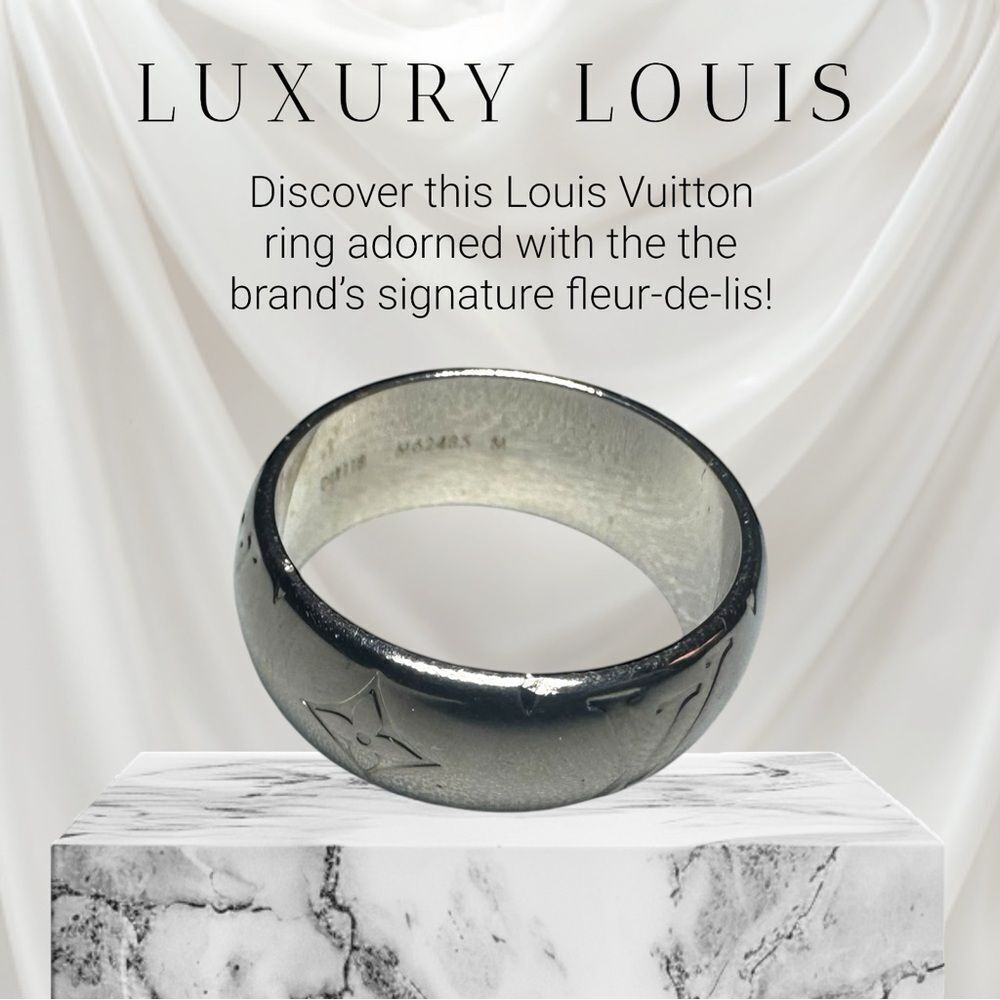 Louis Vuitton Silver Monogram & Fleur-De-Lis Ring M62485 Band Ring Auth